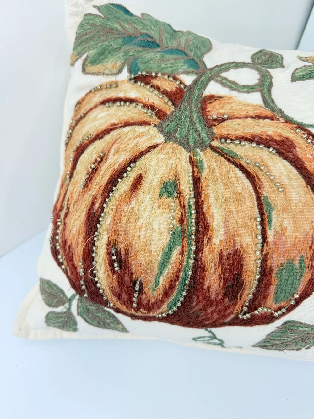 Autumn Blessings Orange Green Pumpkin Vine Gold Beaded Fall Accent Decor Pillow